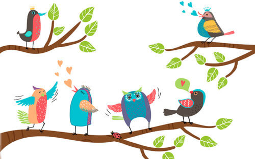 Illustrierte Vöhgel sitzen auf Zweigen und singen